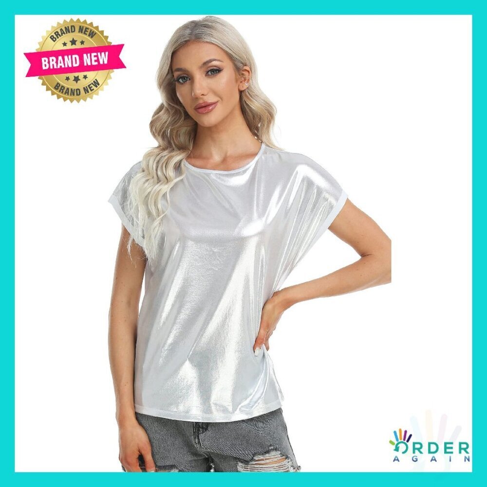 Metallic Holographic Glitter Tee Shiny Y2K Party Clubwear Short Sleeve Top